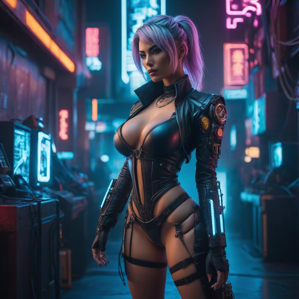   caresses herself cyberpunk neon hyperrealistic, full body, detailed clothing, highly detailed, cinematic lighting, stunningly beautiful, intricate, sharp focus, f/1. 8, 85mm, (centered image composition), (professionally color graded), ((bright soft diffused light)), volumetric fog, trending on instagram, trending on tumblr, HDR 4K, 8K