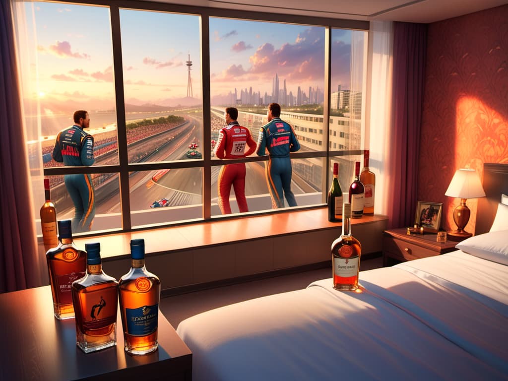  at least 4 people having sex in a hotel room. an f1 race is visible through the windows of the room. empty whisky bottles laying around.