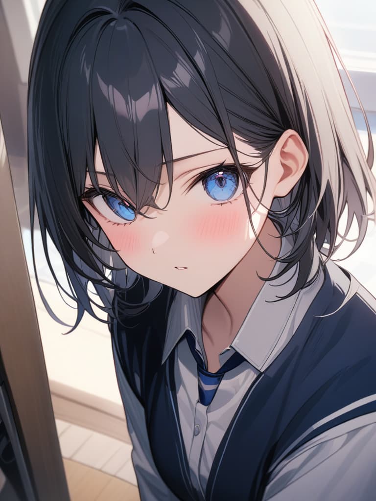  black hair, blue eyes, bob hair, uniform, high school student, masterpiece, best quality,8k,ultra detailed,high resolution,an extremely delicate and beautiful,hyper detail