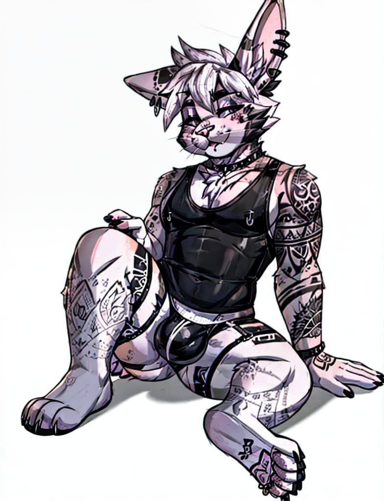  male white rabbit with lots of piercings, he is a male and is a rabbit, he has tattoos on his arm. he has a giant bulge, wearing tighty whities and black tank top, open lingerie, wearing open lingerie