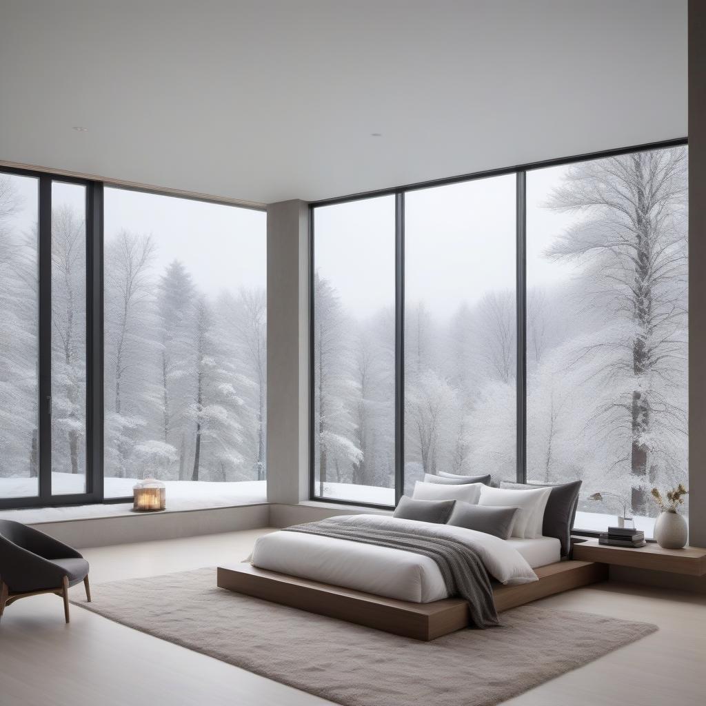  The design of a huge bedroom with panoramic windows. The style is like a tree. The textiles are milky in color. There is a blizzard and snow outside the window.