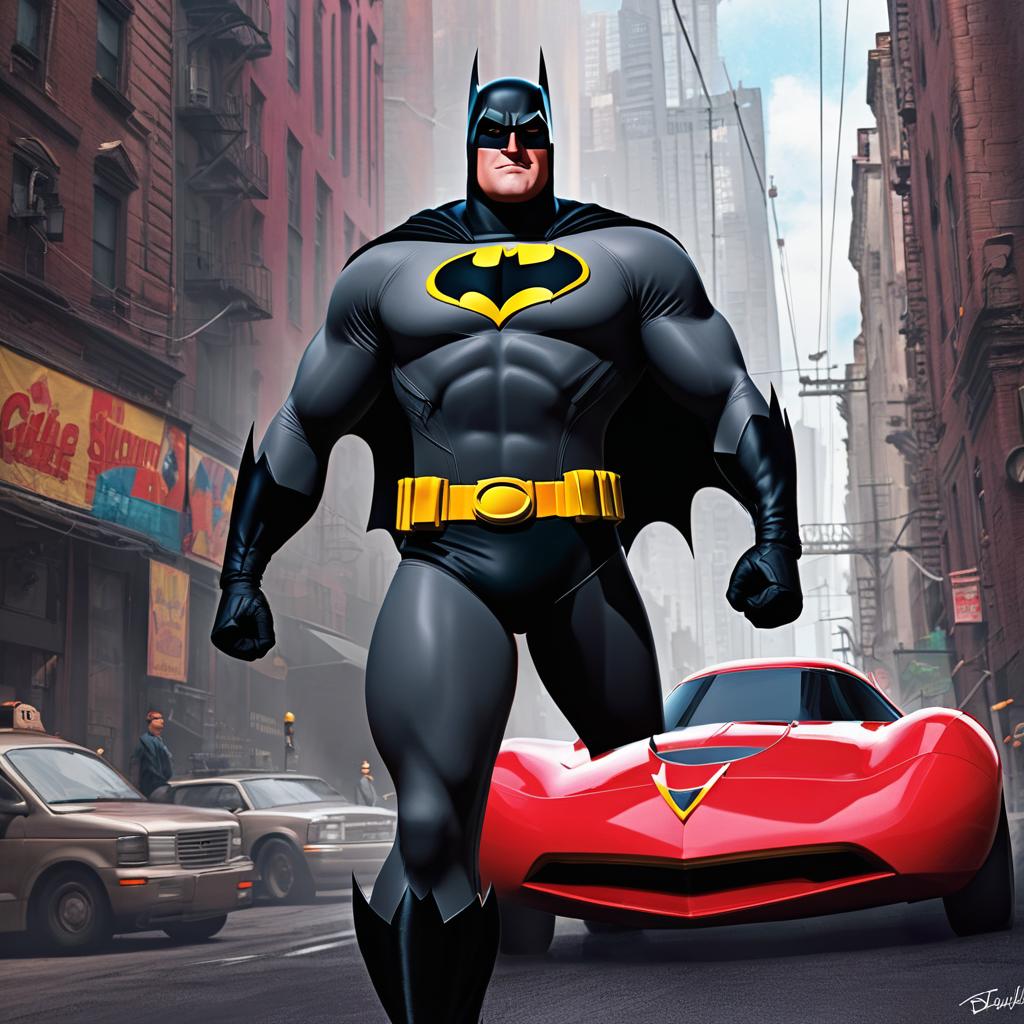  concept art mr incredible with a batman suit. digital artwork, illustrative, painterly, matte painting, highly detailed