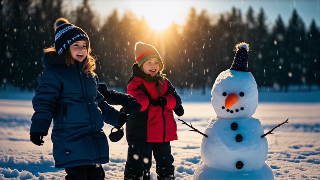  cinematic film style, group of children:age six, playing snowballs and collecting snowman standing in snow, sunset light, snowman with carrot nose. snow falling in background ar 16:9, shallow depth of field, vignette, maximum details, high budget hollywood movie, bokeh, cinemascope, moody, epic, gorgeous, sun rays and shadows on furniture and surfaces, flattering light, raw photo, photography, photorealistic, 8k resolution, f1.4, sharpened focus, sharp focus