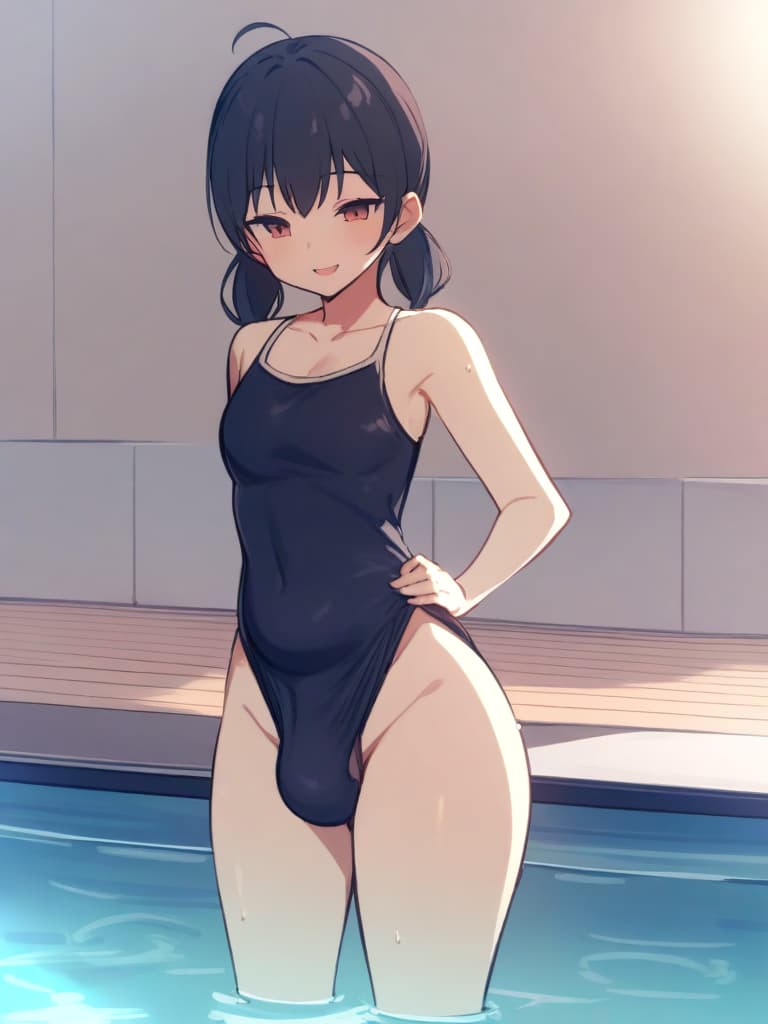  women's elementary students (male), twin tails, cute smiles, (rich s), short stature, dark blue swimwear, old swimwear, swimwear, simple, (bulging), upward, (bulge), front, whole body, pool side, pool side. ,,,