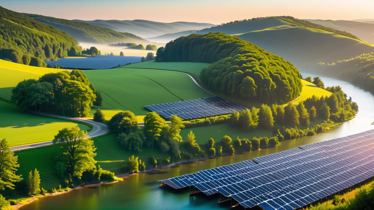  a vibrant landscape showcasing solar panels glistening in the sun, wind turbines gracefully spinning on rolling hills, and a flowing river with hydroelectric dams, surrounded by lush greenery and a clear blue sky. hyperrealistic, full body, detailed clothing, highly detailed, cinematic lighting, stunningly beautiful, intricate, sharp focus, f/1. 8, 85mm, (centered image composition), (professionally color graded), ((bright soft diffused light)), volumetric fog, trending on instagram, trending on tumblr, HDR 4K, 8K