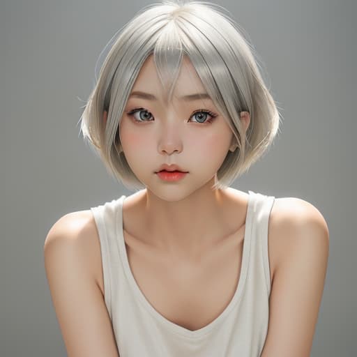  cute japanese girl face, cute short hair, light blonde and silver bob cut hairstyle, black sleeveless top, delicate makeup, cool style, natural lighting, photo realistic in the style of realistic.