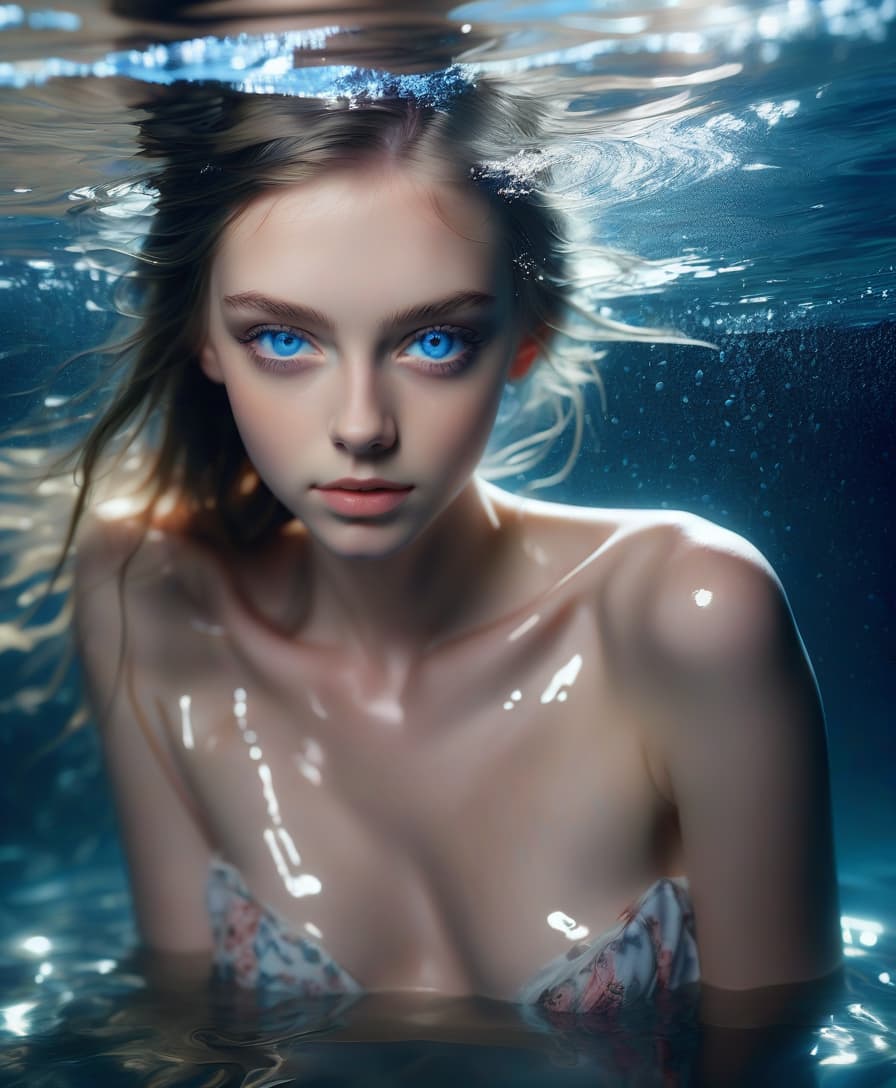  girl in the water, model appearance, shining blue eyes