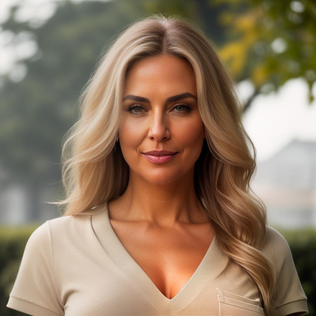  (((realistic full torso frontal head shot of a light beige to medium tan skin tone woman))), charlotte julia krüger, ((caucasian heritage)), mature face, brown eye color, ((wavy hair style)), ((blonde hair color)), ((curvy body type)), xxl size, fat size, (mature flat nose), (mature defined cheekbones), (mature angular jawline), (mature full lips), (mature wide forehead), (mature even eyebrows), (mature dimpled chin), standing straight looking directly into the camera,((wearing fitted polo shirt with deep v neck and monogrammed pocket)), backyard in background, 1, best quality, highest quality, award winning photo, masterpiece, raw, professional photography, photorealism, sharp focus, cinematic, high resolution, sharp, hyperrealistic, full body, detailed clothing, highly detailed, cinematic lighting, stunningly beautiful, intricate, sharp focus, f/1. 8, 85mm, (centered image composition), (professionally color graded), ((bright soft diffused light)), volumetric fog, trending on instagram, trending on tumblr, HDR 4K, 8K