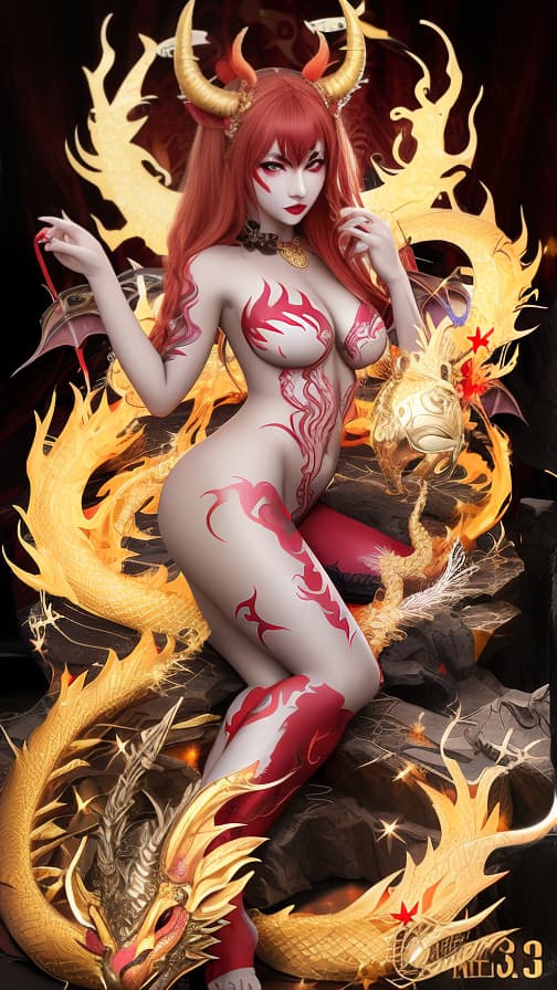  Red and G old dragon pattern face paint, golden dragon and red dragon pattern body paint in every corner of the whole body, Grey body paint, succubus, full body image 女性