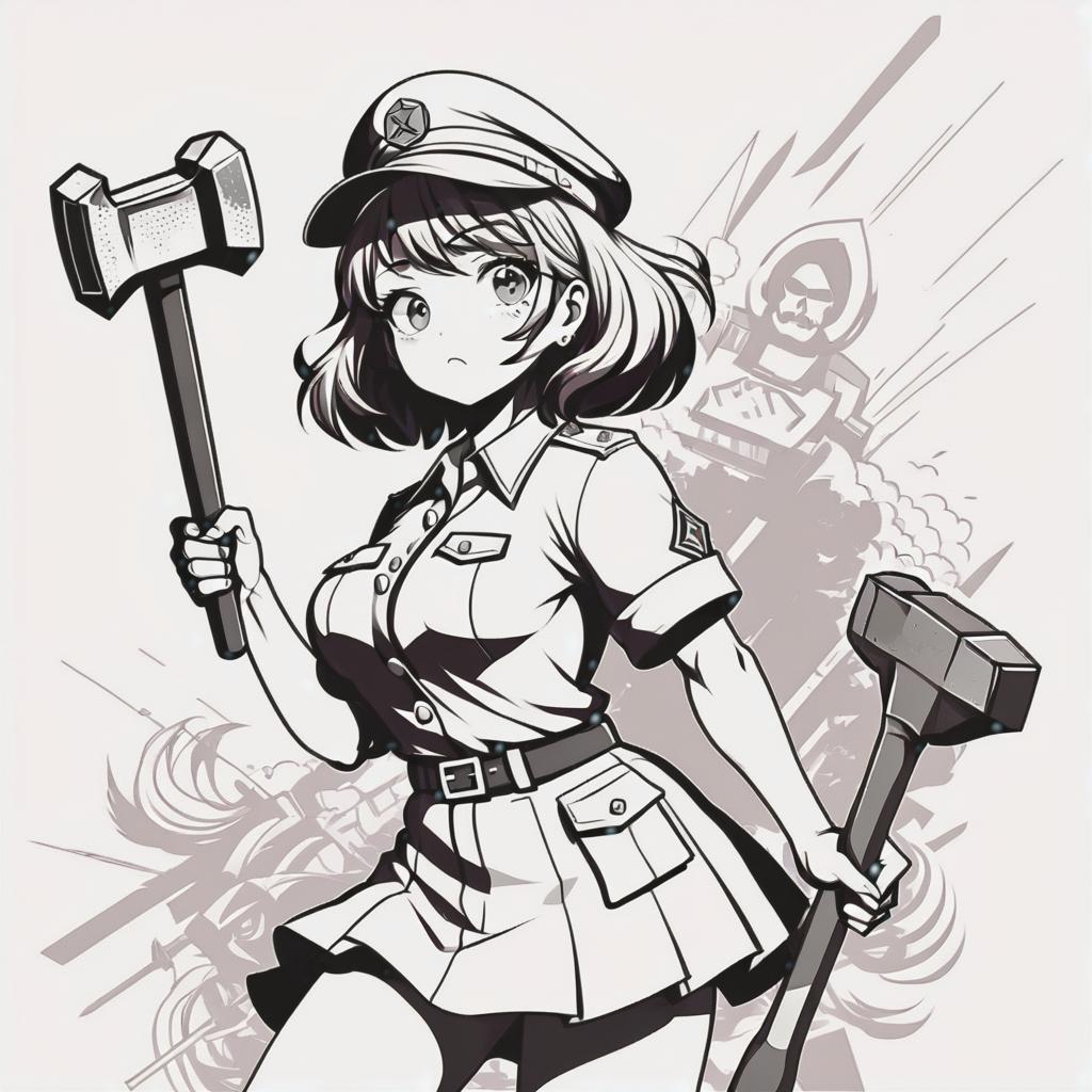  line art drawing communist girl with hammer, same nightmare. anime style . professional, sleek, modern, minimalist, graphic, line art, vector graphics