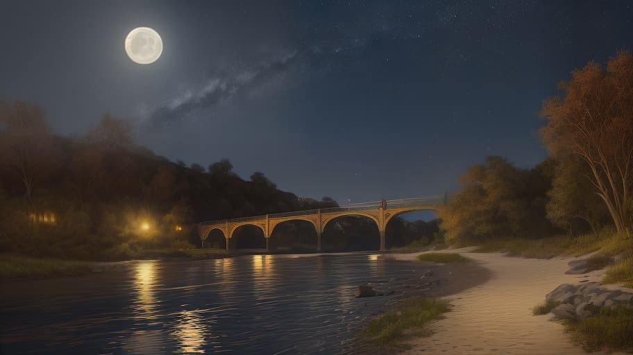  a sandy riverbank, a tent on the shore, a moonlight path on the water, a bridge across the river in the distance