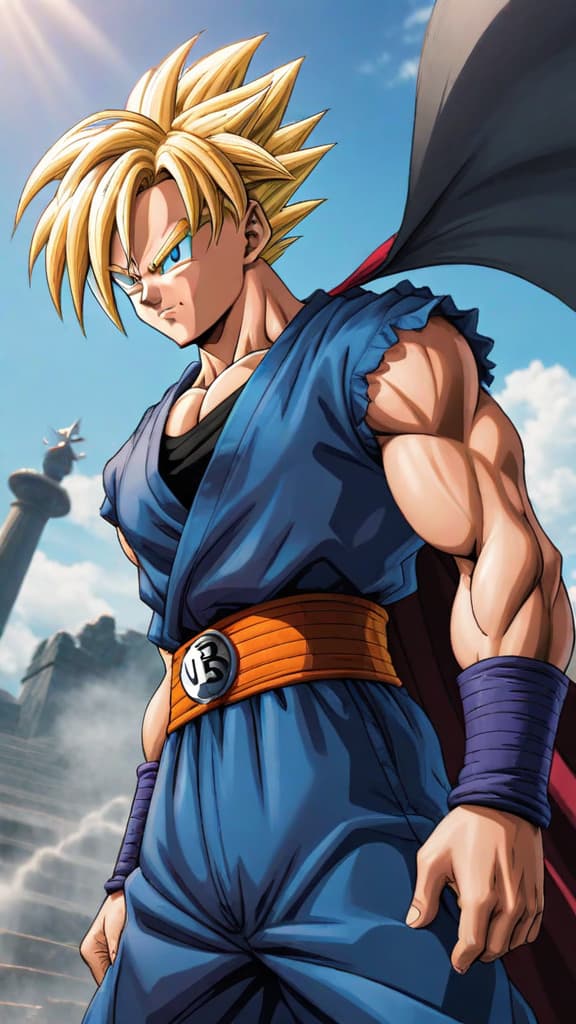  trunks from dragon ball z stepping into a time machine, setting it for 5 years earlier, anime art hyperrealistic, full body, detailed clothing, highly detailed, cinematic lighting, stunningly beautiful, intricate, sharp focus, f/1. 8, 85mm, (centered image composition), (professionally color graded), ((bright soft diffused light)), volumetric fog, trending on instagram, trending on tumblr, HDR 4K, 8K