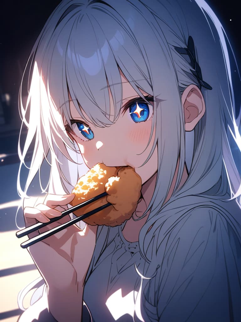  ((tendon,eating tendon,sparkling eyes,cute,stuffing tendon into one's mouth,big tendon,cute,beautiful girl,white hair,blue eyes,long hair,black hairpin,chopsticks,))、ultra detailed,best shadow,cute and beautiful face,(masterpiece:1.2),(best quality:1.2),detailed background,high contrast,(best illumination,an extremely delicate and beautiful),((cinematic light)),hyper detail,dramatic light,intricate details,8k,anime,very aesthetic