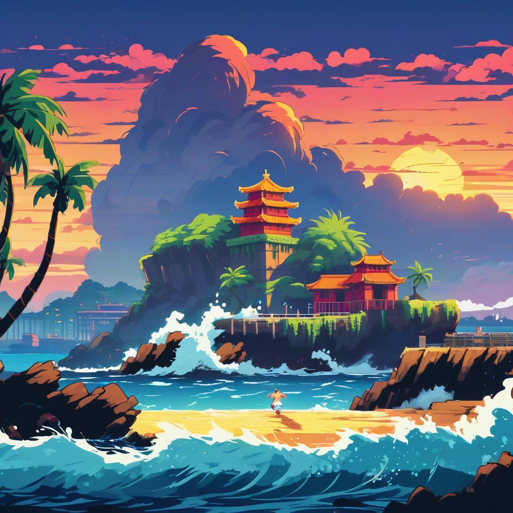  street fighter style flat style, animation style, evening, ocean, in the center of the image is a prison on an island, view from the water . vibrant, dynamic, arcade, 2d fighting game, highly detailed, reminiscent of street fighter series