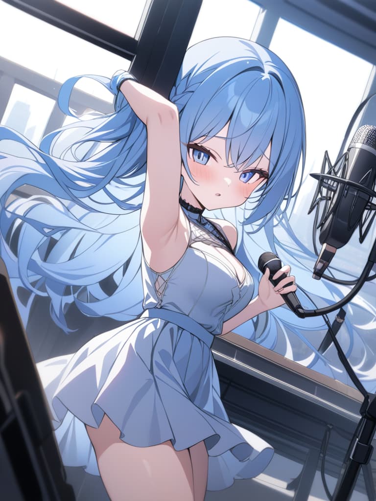  light blue hair, light blue, bob hair, microphone, live, masterpiece, best quality,8k,ultra detailed,high resolution,an extremely delicate and beautiful,hyper detail