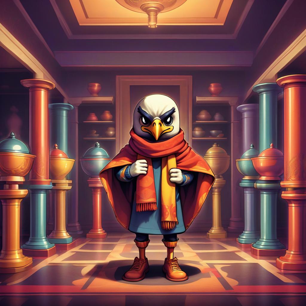  retro game art anthropomorphic guy hawk holds a scarf over his head, looks directly in front of him, in front of him five pedestals with bowls on each, behind a chamber room in muffled tones . 16 bit, vibrant colors, pixelated, nostalgic, charming, fun