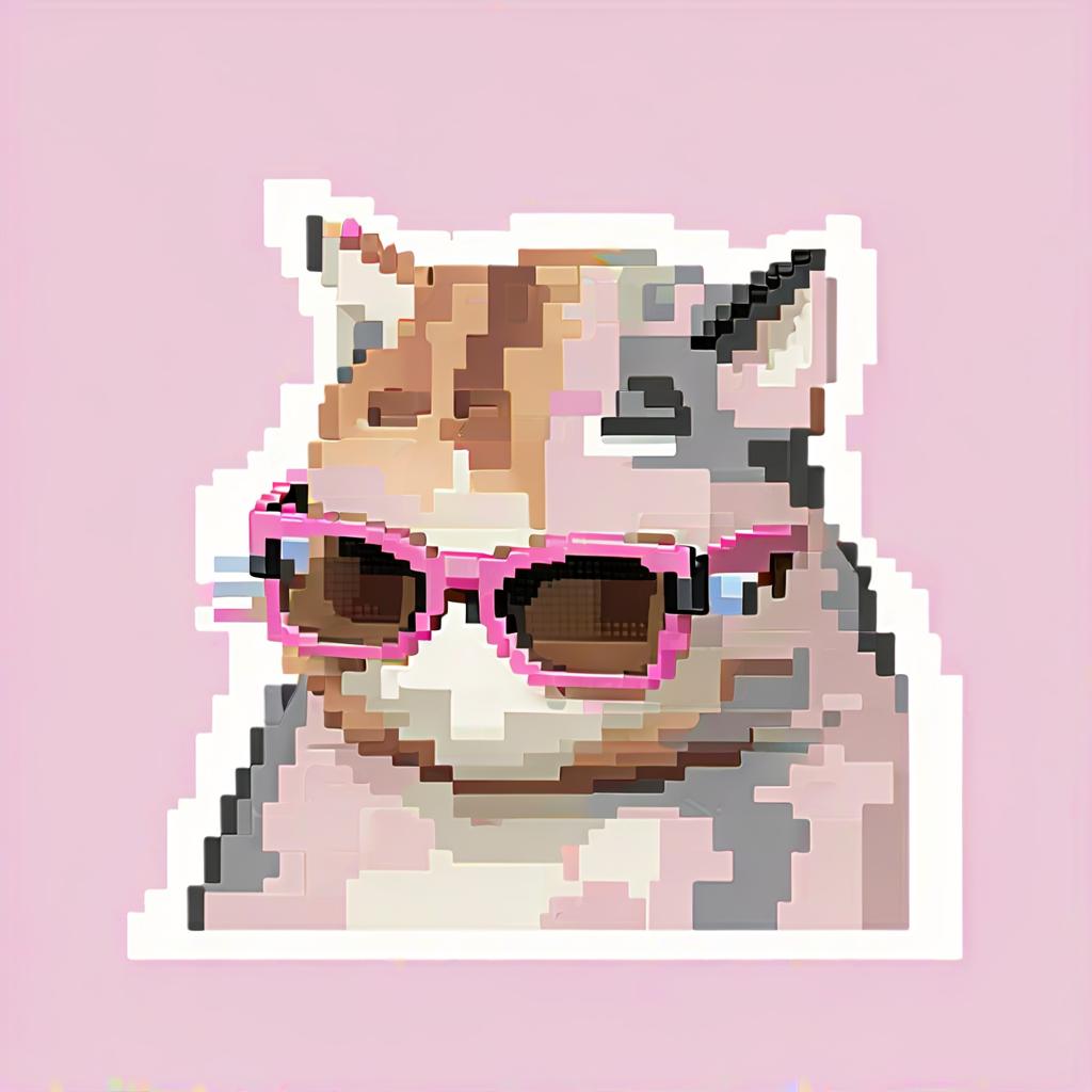  pixel art pixelated cat with beige, brown, and gray patches, wearing pink sunglasses. the cat should have a slightly smug or confident expression, looking down at the viewer from under its brows (side eye), while holding one side of the sunglasses as if adjusting them or about to take them off. the cat should have a relaxed, meme inspired vibe, with simple, blocky pixel art. the background should be transparent. . low res, blocky, pixel art style, 8 bit graphics