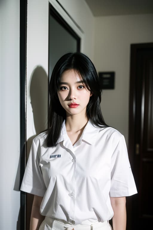  a old with black hair , standing in a good atmosphere., ((mathayom uniform)),black pleated ,white shirt short sleeves,the photograph has a cinematic quality to it, with dramatic lighting that emphasizes the beauty of the model advertising photo,high quality, good proportion, masterpiece , the image is captured with an 8k camera