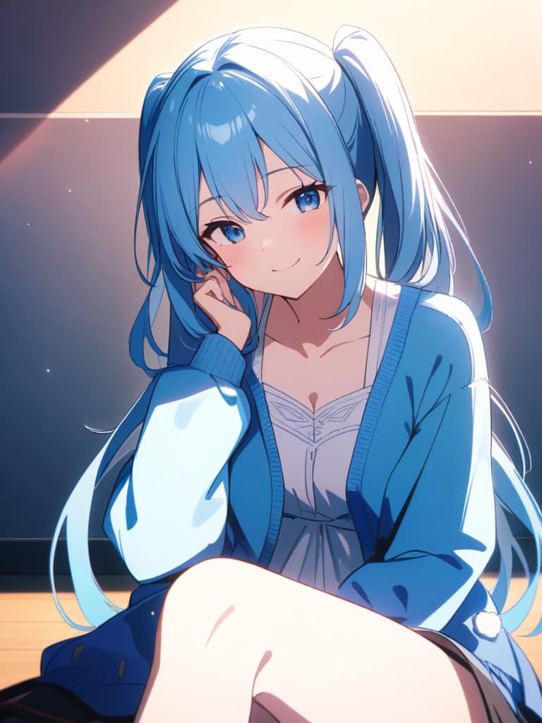  ((cute,light blue hair,blue eyes,smiling,twin tails,winking,cunning,denim cardigan,white dress,refreshing,finger on cheek))、ultra detailed,best shadow,cute and beautiful face,(masterpiece:1.2),(best quality:1.2),detailed background,high contrast,(best illumination,an extremely delicate and beautiful),((cinematic light)),hyper detail,dramatic light,intricate details,8k,anime,very aesthetic