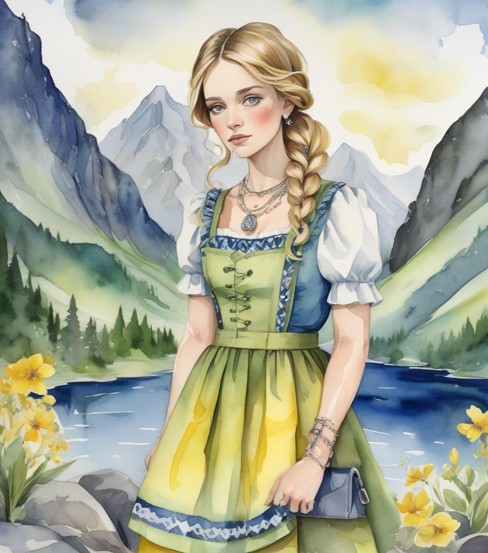  watercolor and alcohol ink interpretation of a bavarian woman with dark blonde hair infused with blonde highlights, clad in a fashion forward palette of yellow gray, dark blue, and green attire, positioned against a backdrop featuring a swirling pinafore, complemented by a collection of silver necklaces, rings, bracelets, set before a tranquil mountain lakeside imbued with light blue tones, bottle green, and verdant