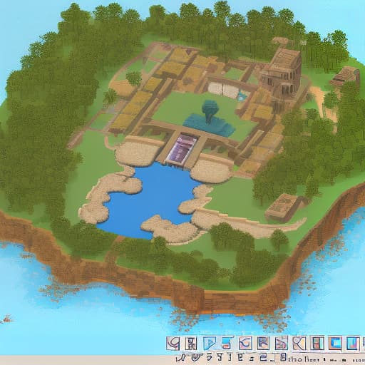 dvarchmodern a small island, which is divided into three separate parts, the smallest part is a sandy beach, the second largest part is a stone wasteland, the third is the largest area is a dense forest. everything in pixel art style, in 2.5d format as a map