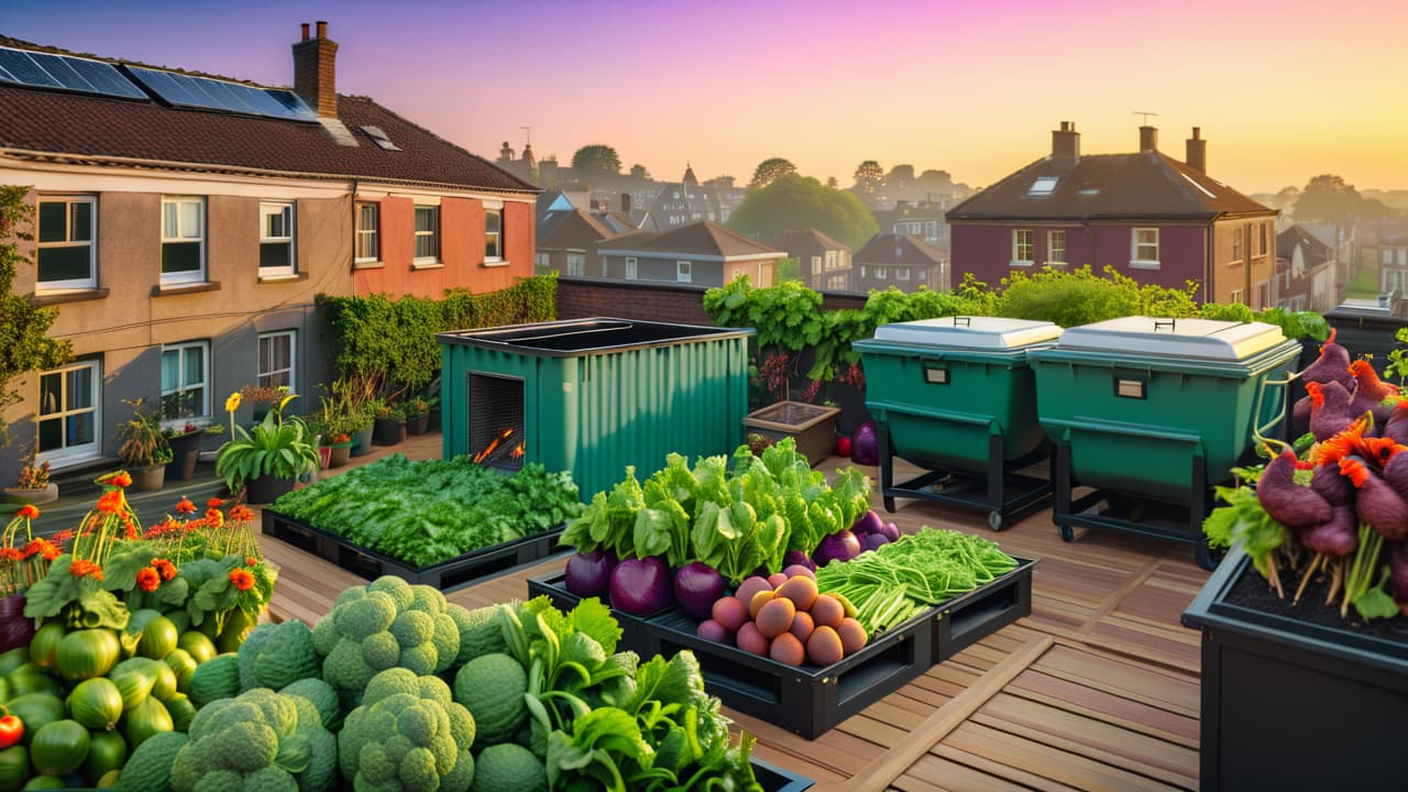  a vibrant urban garden with diverse vegetables, chickens pecking on a rooftop, a compost bin in a corner, solar panels on nearby buildings, and a community gathering around a fire pit under a twilight sky. hyperrealistic, full body, detailed clothing, highly detailed, cinematic lighting, stunningly beautiful, intricate, sharp focus, f/1. 8, 85mm, (centered image composition), (professionally color graded), ((bright soft diffused light)), volumetric fog, trending on instagram, trending on tumblr, HDR 4K, 8K