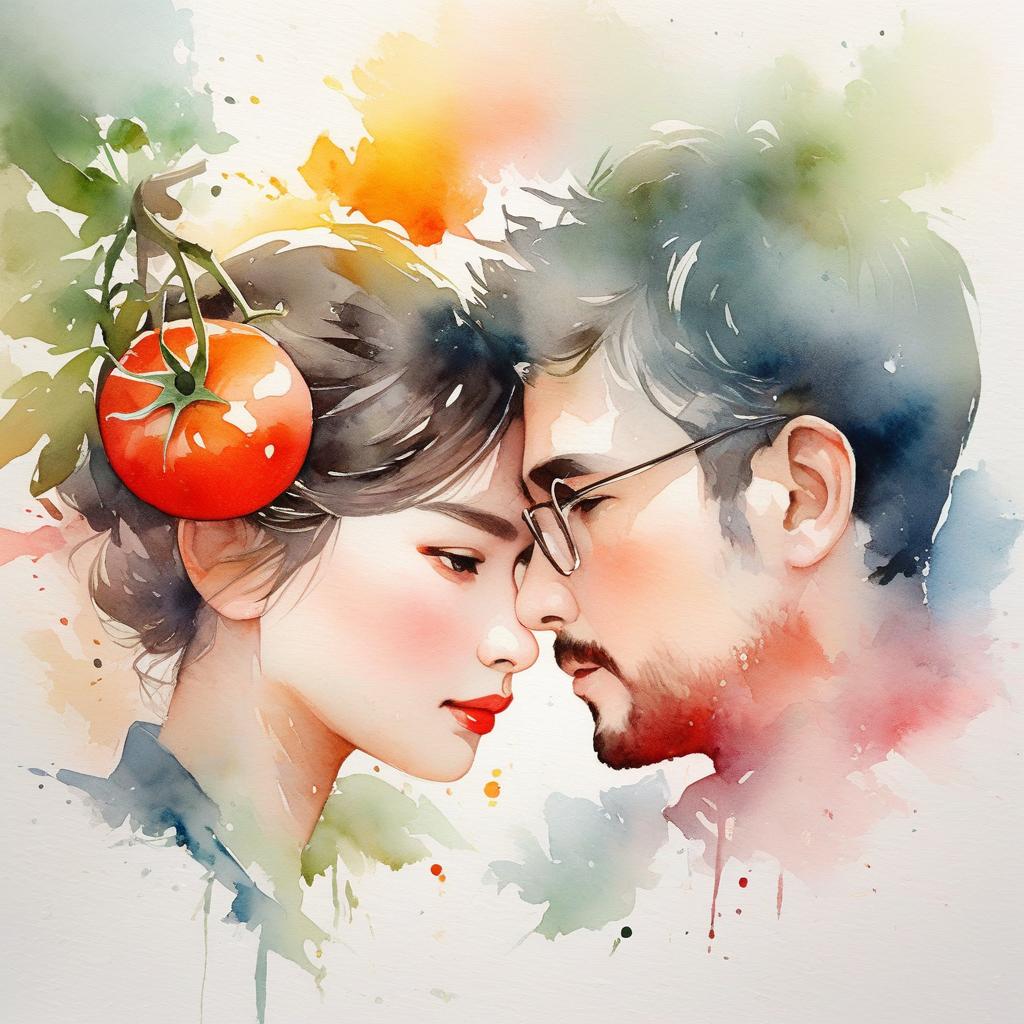  watercolor painting,instaport style, portrait of two tomatoes [multi color watercolors with a white background], haze, film photography, light ethereal leaks, sharp focus, intricate highly detailed acrylic painting, palette knife and brush strokes, trending on artstation, trending on pixiv fanbox