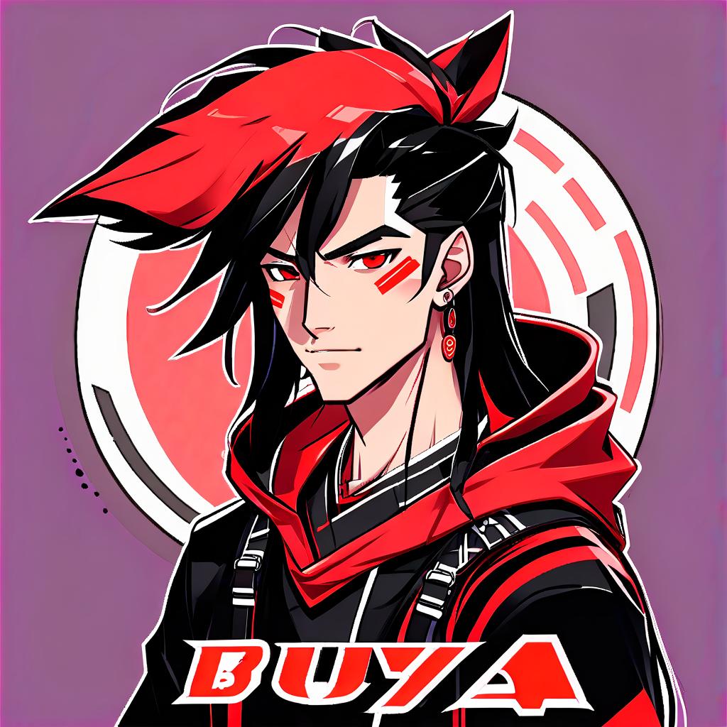  an avatar for a guy on a twitch in the style of anime wanderers, with the inscription: buzya, in red black style