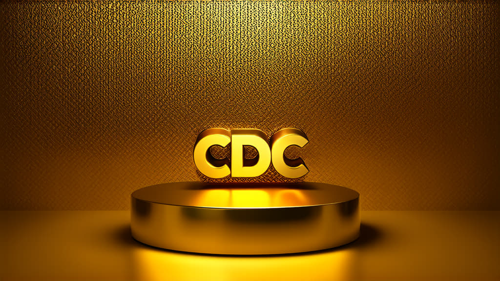  professional detailed photography, "cbdc" on a metallic gold podium on a glowing gold background ar 16:9, (muted colors, dim colors, soothing tones), (vsco:0.3)