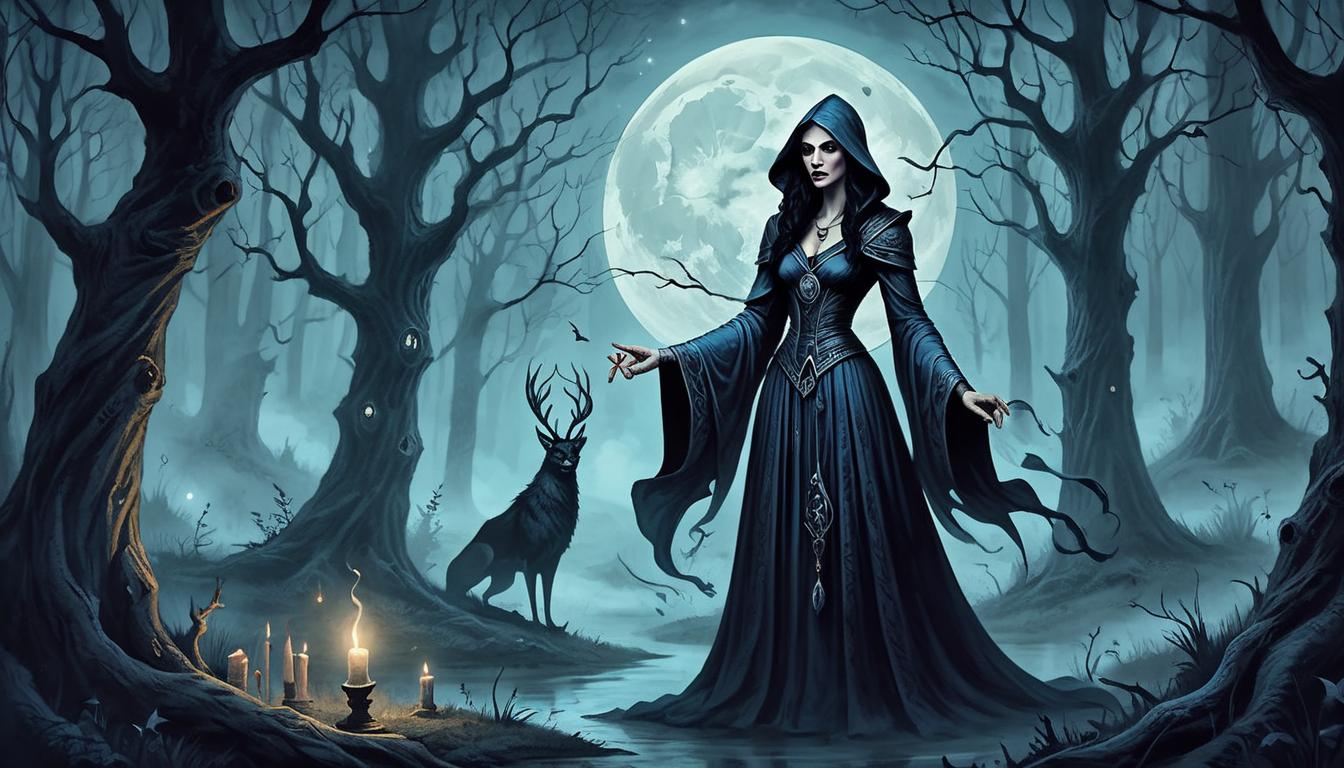  on parchment, surrealism+++, dark sorceress in a moonlit glade, intense focus and determination, casting potent spell, sense of imminent change, suspenseful mood(mysterious, provocative, symbolic,muted color)+++