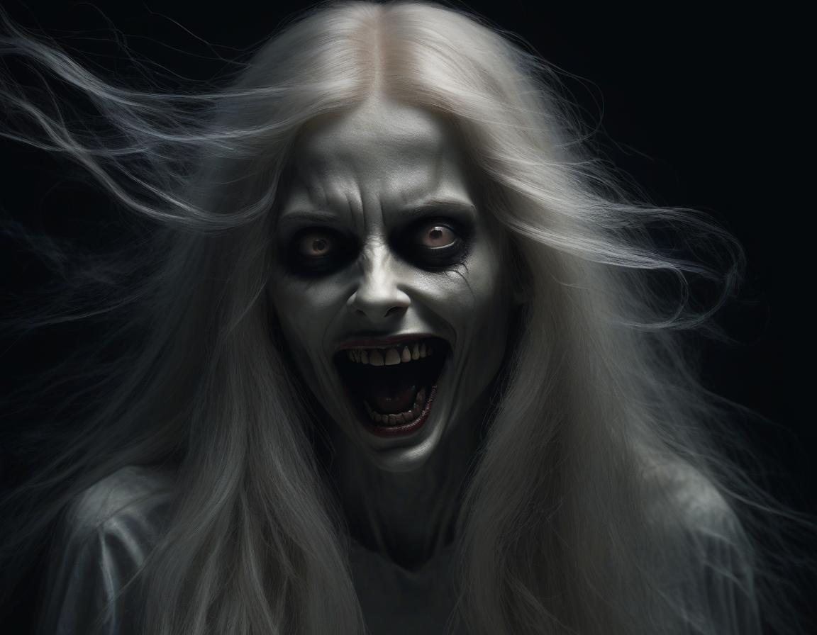  on a black background, a very scary and grotesque looking woman has a ghostly face with long flowing hair, smiling evilly and scaring people. ,ultra realistic, cinematic, high detail