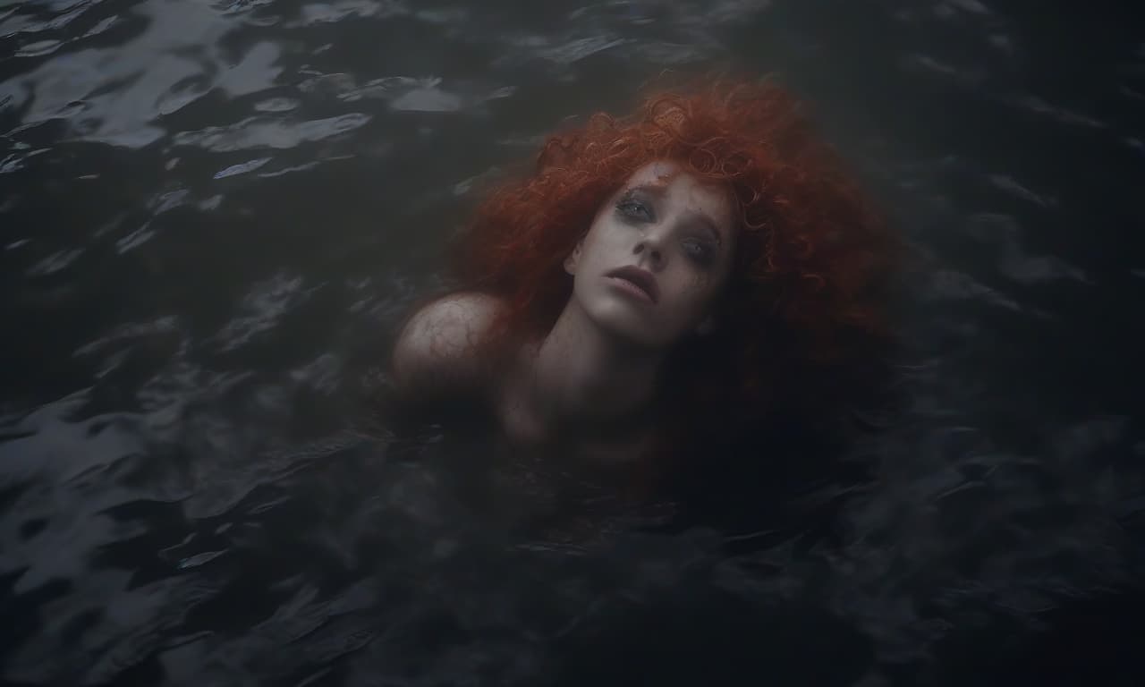  horror themed view of the water from above, a beautiful girl with curly red hair is in the water, there is fog around her . eerie, unsettling, dark, spooky, suspenseful, grim, highly detailed