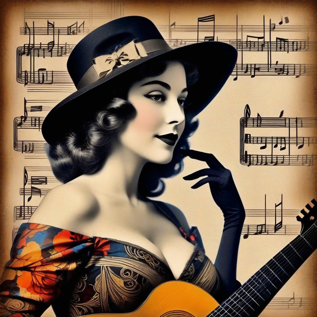  collage style a 19th century woman with a guitar. . musical notes, very beautiful, cinematic, calligraphic lines. rolf armstrong, darkness, creepy, mysterious, modern treatment. rich deep colors, beautiful patterns, illustrations in the style of peter sokolov . mixed media, layered, textural, detailed, artistic