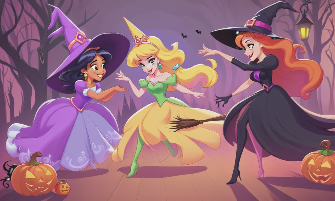  cartoon princesses playing with witches