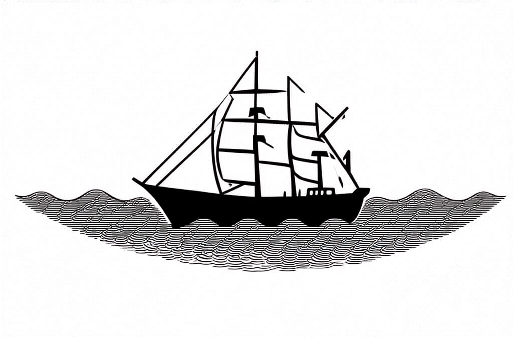  contour, very simple image in one unbroken black ink line, single line of ship on sea waves, icon on white background ar 3:2 using a single continuous black line ink brushon white background, drawing should be created without lifting the pen, recognizable features of ship on sea waves, icon on white background ar 3:2 in one unbroken line