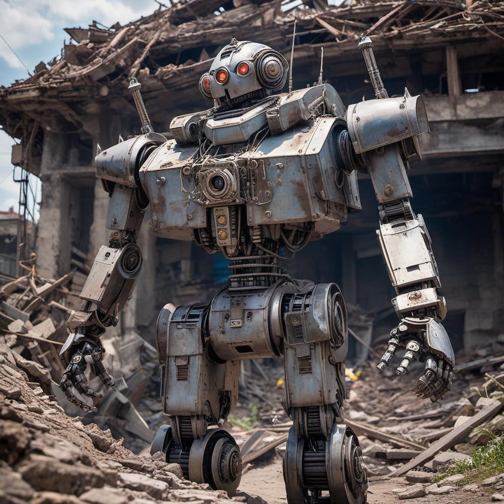  un robot rouillé qui marche dans une grande ville en ruines , profile image style