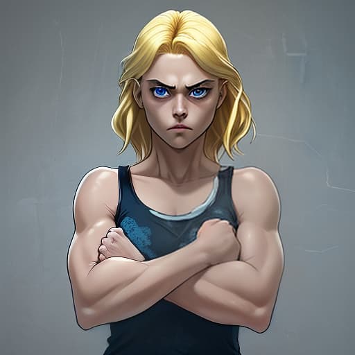  appearance: girl with blue eyes, blonde hair below shoulders. he looks at the camera with frightened eyes and crosses his arms in fists. fully visible