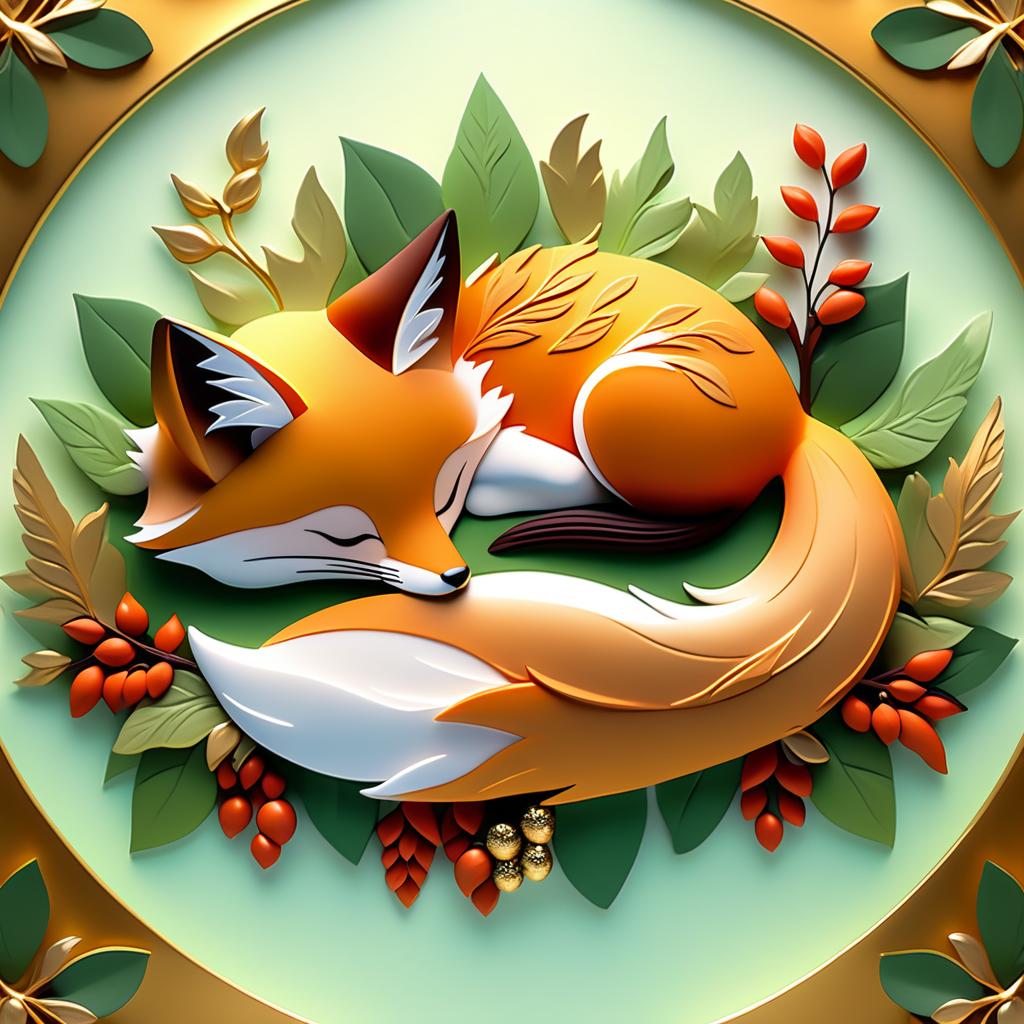  dreamscape (frame):gold round frame decorated with fancy oak leaves and rowan berries. (picture). animalism in fantasy style: little fox sleeping in the arms of big mum fox. appearance of a fox:sweetly sleeping curled up in a ball. (colours):orange, red, white, beige, gold, all shades of green, brown, brown gold. (style):animalism, fantasy, fairy tale, tenderness, kindness, calmness, cartoon . surreal, ethereal, dreamy, mysterious, fantasy, highly detailed, civitai, hkmagic hyperrealistic, full body, detailed clothing, highly detailed, cinematic lighting, stunningly beautiful, intricate, sharp focus, f/1. 8, 85mm, (centered image composition), (professionally color graded), ((bright soft diffused light)), volumetric fog, trending on instagram, trending on tumblr, HDR 4K, 8K