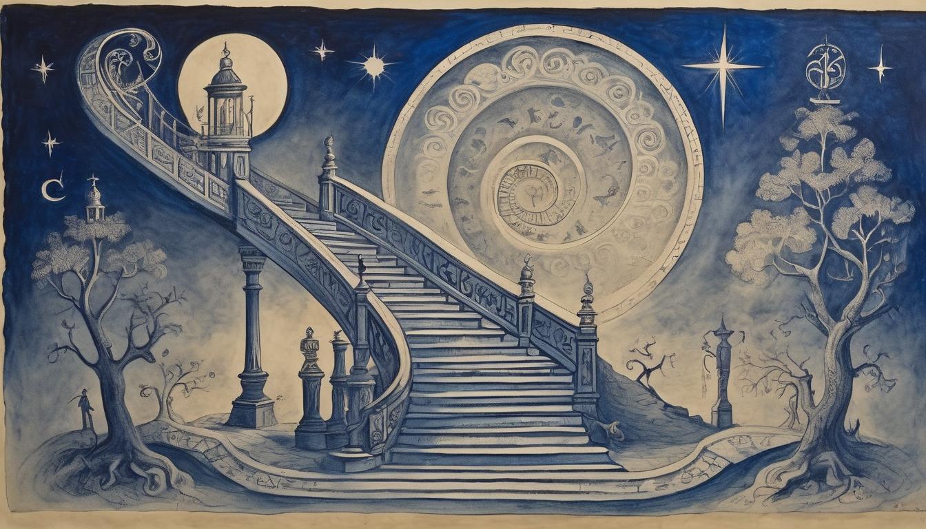  on parchment, surrealism++, mysterious staircase spiraling upwards, celestial symbols etched on steps, midnight blue lighting, aura of determination and ambition(mysterious, provocative, symbolic)++