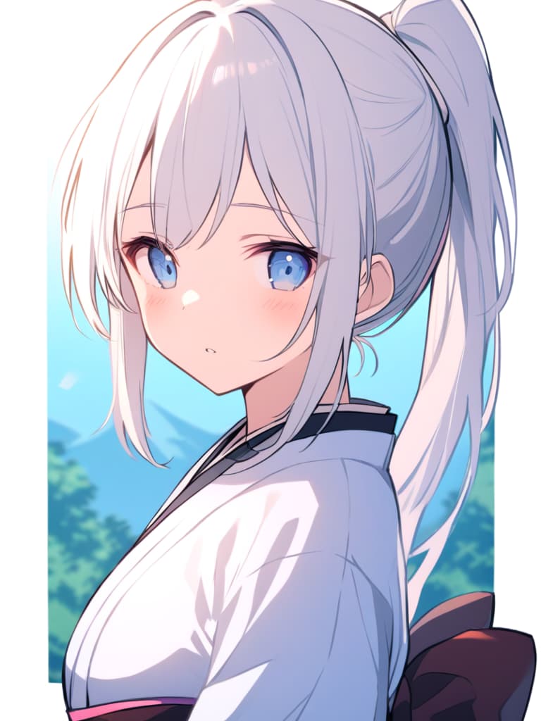  white hair,pony tail,girl,japanese style,light blue eyes,