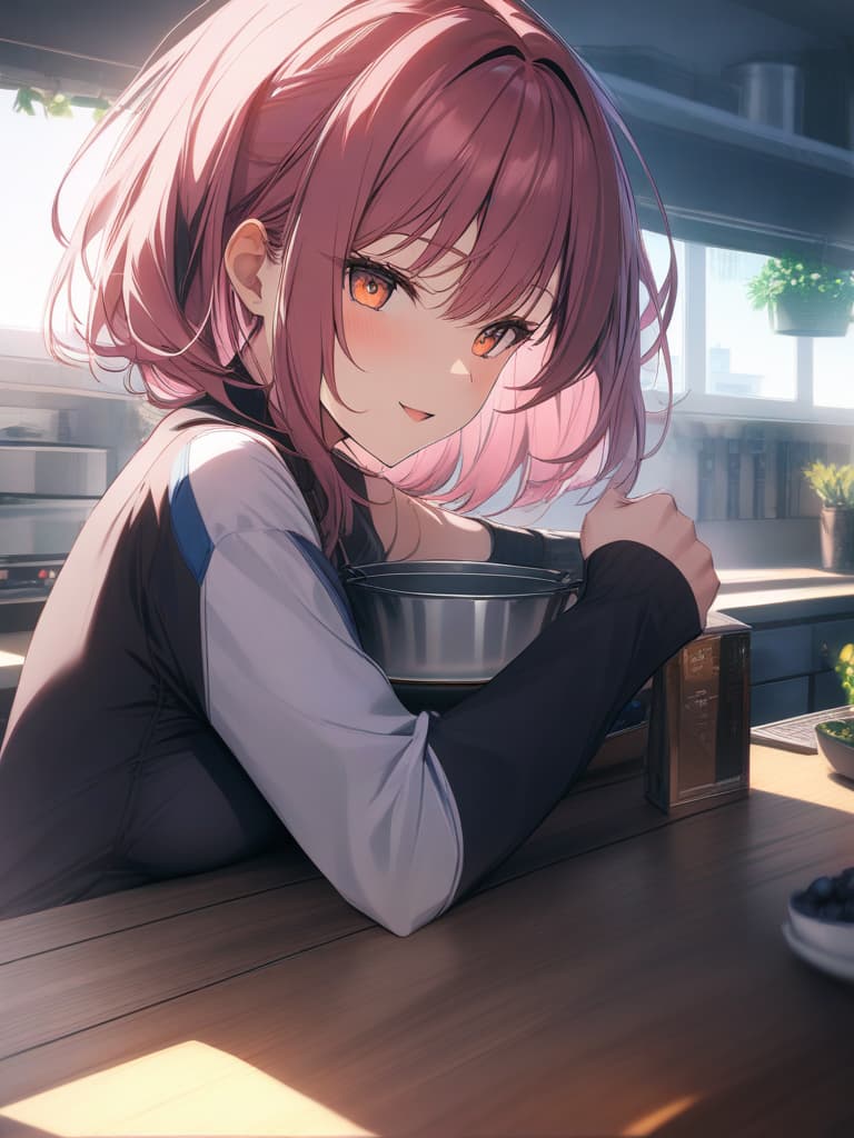  1 girl,make a cake,in the kitchen,pink hair,happy smile,open the mouth,frills,detailed beautiful face and eyes,cute,best quality,a lot of fruits,from side,upper viewer hyperrealistic, full body, detailed clothing, highly detailed, cinematic lighting, stunningly beautiful, intricate, sharp focus, f/1. 8, 85mm, (centered image composition), (professionally color graded), ((bright soft diffused light)), volumetric fog, trending on instagram, trending on tumblr, HDR 4K, 8K