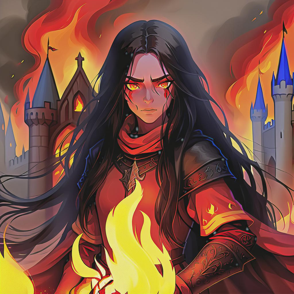  concept art covered with fire, bright red skin, black long hair, orange eyes, medieval clothes . digital artwork, ilrative, painterly, matte painting, highly detailed