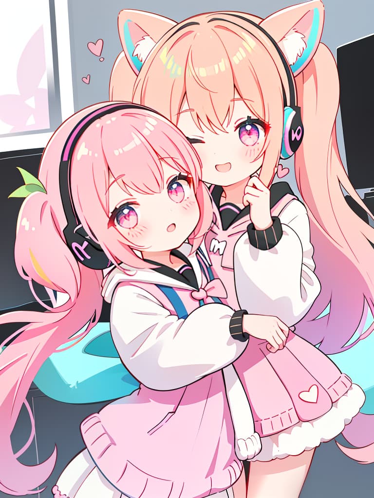  1 pretty girl,from the waist up,winking,cheek to cheek,semi long,hearts twin tail,gamer,headphones,knit outfit,peach hair elastic, hair,front