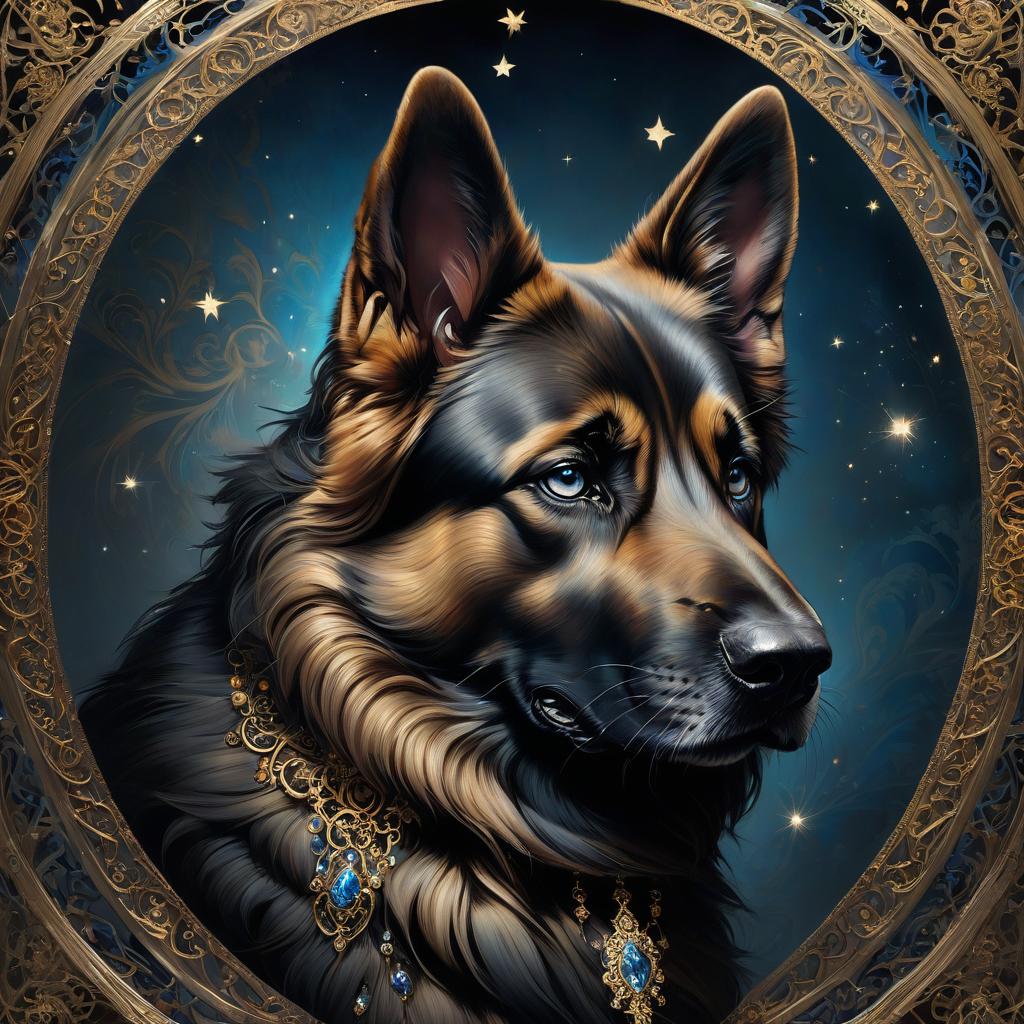  digital painting. ultra detailed beautiful ceremonial portrait of a german shepherd dog up to chest half turned, concept art. blue eyes, in rich embellishments of understated bronze tones on head and chest. naturalistic, surreal. background black:: with mystical lighting, gold dust abstraction, gold stars. fine filigree gold threads, jewels, openwork curls, rich intricate oriental style ornamentation. art nouveau, mudehar, renaissance, steampunk. alphonse mucha, andrew jones, jan frans van dael, winterhalter, portagna, louis toquet, tom bagshaw, greg rutkowski, charlie bowater. a sense of solemnity, luxury, mystery, enigma, fairy tale. highly detailed, hyper realistic, photorealistic, exceptional quality, 8k.