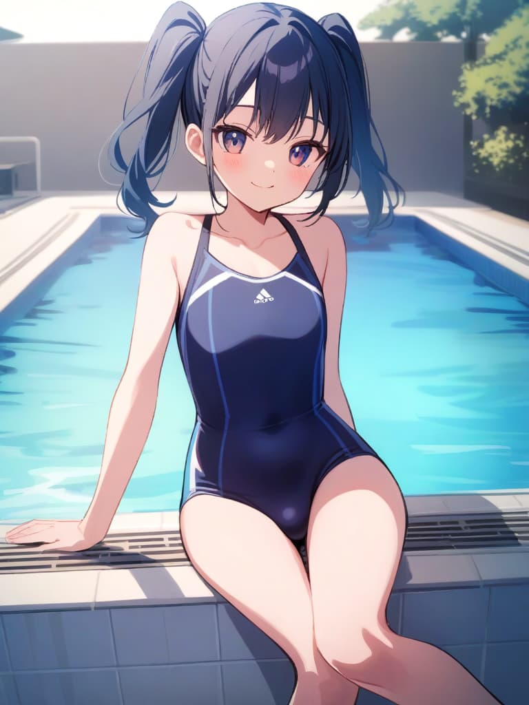  junior high s, twin tails, cute smiles, dark blue, dark blue swimwear, dark blue swimwear, vertical swimwear, vertical , shaped clear, bulge, male bulge), front legs, whole body, pool, pool, pool, pool, pool.