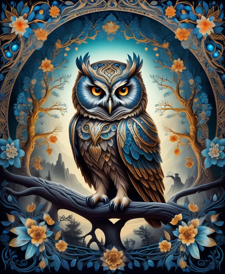  surrealist art masterpiece, hdr 8k, digital image. conceptual art. (owl, a dangerous bird of prey, sits on a tree, piercing gaze, sharp beak, powerful claws), appearing in ancient russian ethnic ornaments that make up a symmetrical mandala consisting of an endless forest, a wide flowing river and majestic mountains, the mandala is decorated with a fantastic ice pattern). abstract elements: stones, tree leaves, flowers. the effect of dissolving the natural shades of fur in sky waves. filigree finishes, mysterious neon glowing accents, intricate. stylization. neo rococo style. stylish, dynamic, atmospheric. background dissolving abstract patterns in the space:: vignetting:: complex ethnic ornament. mystery, fantasy surrealism. high detail. 