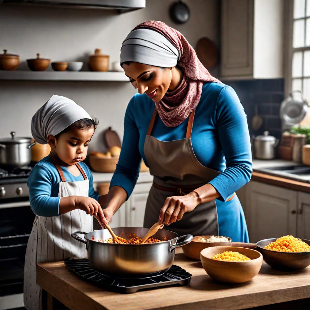  a woman in a headscarf is cooking in the kitchen with her child hyperrealistic, full body, detailed clothing, highly detailed, cinematic lighting, stunningly beautiful, intricate, sharp focus, f/1. 8, 85mm, (centered image composition), (professionally color graded), ((bright soft diffused light)), volumetric fog, trending on instagram, trending on tumblr, HDR 4K, 8K