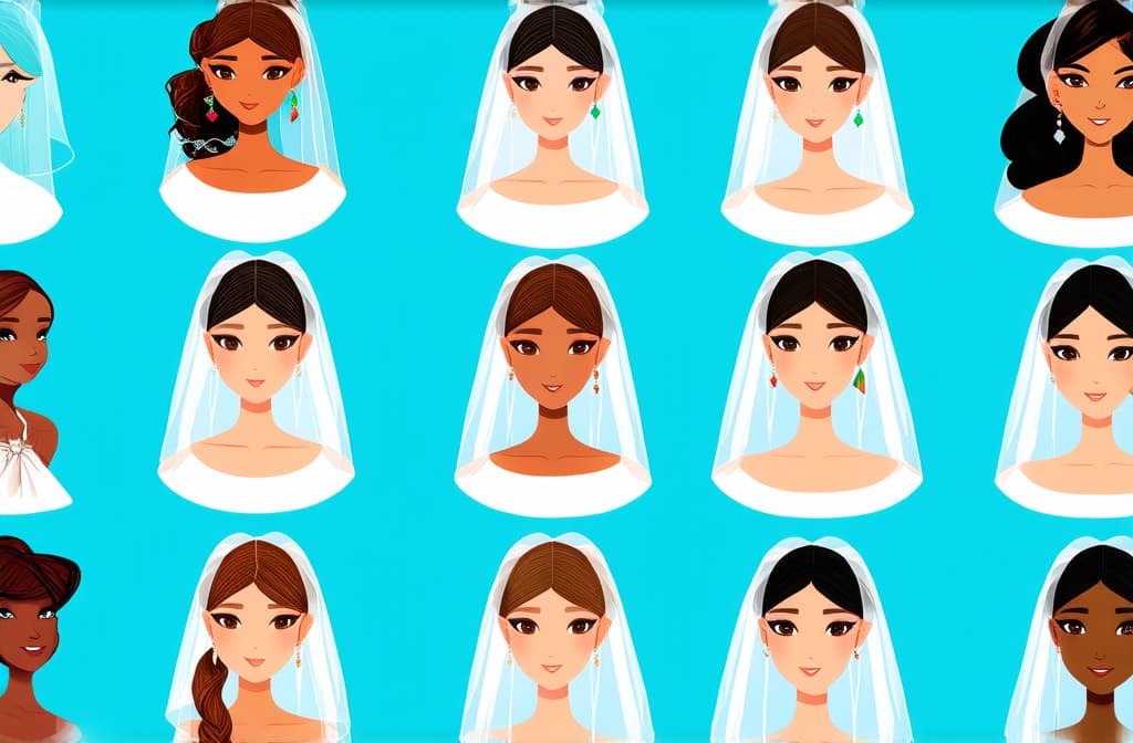  flat illustration, flaticon, (illustration:1.15), different beauty. set of different female heads in wedding veil. different races and nationalities. colored hand drawn illustration ar 3:2, [cory loftis, strobist, pascal campion :: 0.2]