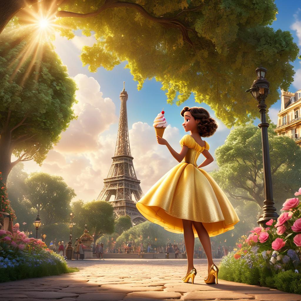  in 3d animated movie style. disney pixar style. "paris, a old in a colorful dress and sparkly shoes, following a map to reach her destination in a hidden glade ed in golden light with a majestic tree bearing the final ingredient for an ultimate ice cream recipe. high resolution pixar 3d animated style with lifelike textures; gold and warm hues with soft, bright lighting to enhance magic. low angle shot to showcase grandeur, wonder, and discovery."