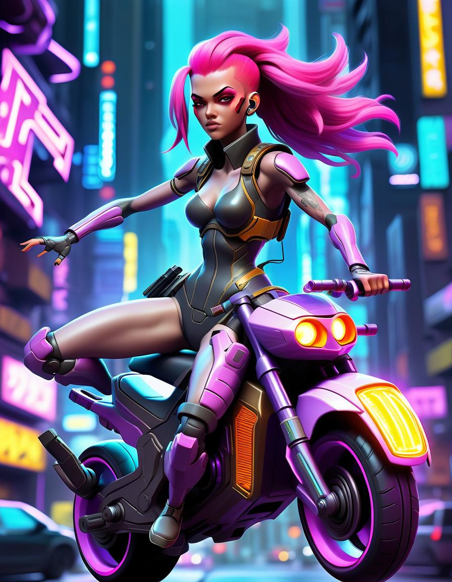  fighting game style cyberpunk heroine on a flying bike: a girl with neon hair in high tech armor flying a hover bike over the metropolis. detailed background with flying cars and neon signs. . dynamic, vibrant, action packed, detailed character design, reminiscent of fighting video games